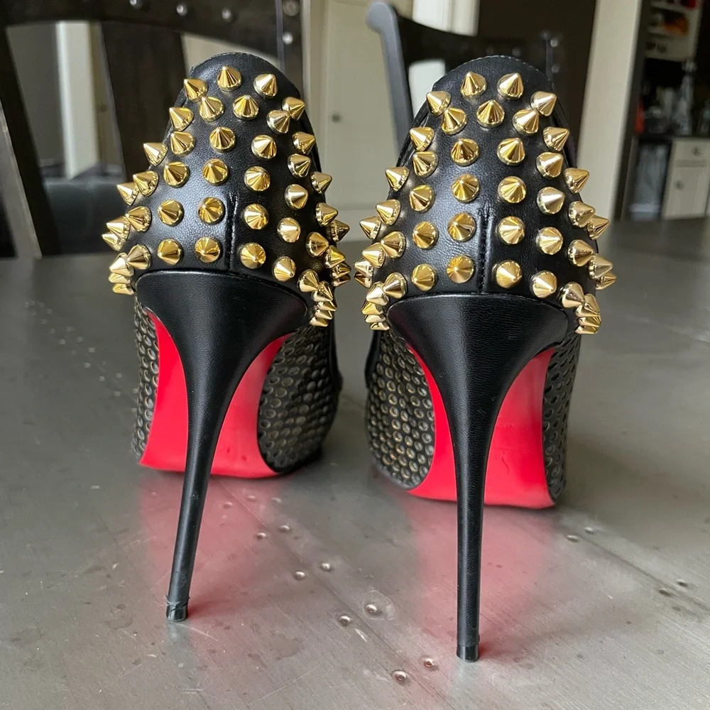 christian louboutin guni black leather gold spike stiletto sz 38.5 preowned